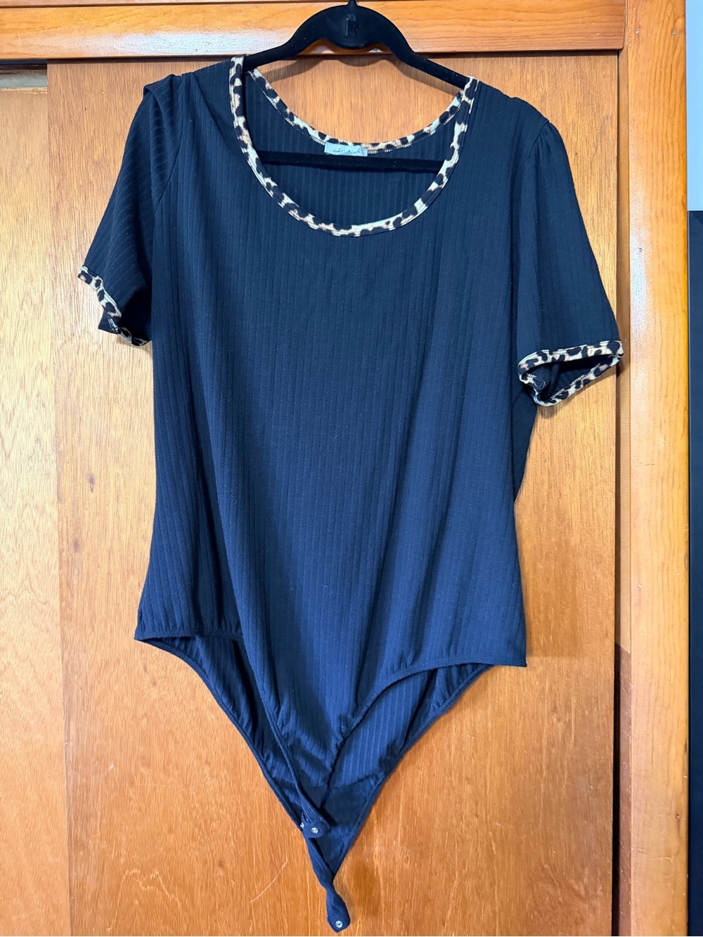 white birch Black Ribbed Top with Leopard Trim